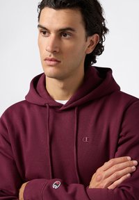 Felpa bordeaux con cappuccio, lacci e logo. Tessuto morbido, maniche lunghe, tasca a marsupio e polsini a coste. Design minimalista.