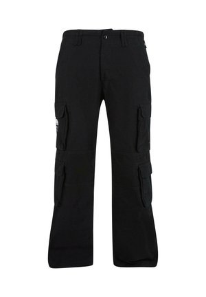 Pantaloni cargo negri, confecționați dintr-un material durabil, prezintă mai multe buzunare laterale, un design cu picioare drepte și bucle pentru curea, oferind posibilitatea ajustării.