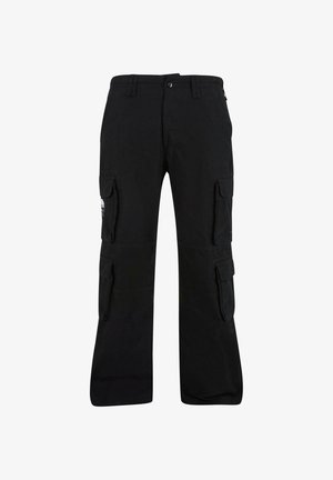 Zwarte cargo broek van duurzaam materiaal met meerdere zijzakken, een rechte pijpdesign en riemlussen voor verstelbaarheid.