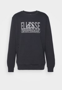 Sweat-shirt noir en mélange de coton avec col rond, manches longues et poches latérales zippées. Logo "ELLESSE SPORTSWEAR" affiché de manière bien visible.