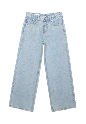 Svetlomodré rifle s širokými nohavicami a vysokým pásom, vpredu vrecká, zapínanie na gombíky a zips, s jemnými trblietavými ozdobami vpredu.