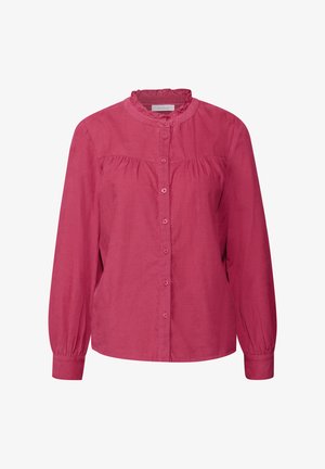 Langärmlige, pink Bluse mit Rüschenausschnitt, Knopfverschluss und Raffung entlang der Brust und Ärmel. Aus leichtem Stoff gefertigt.