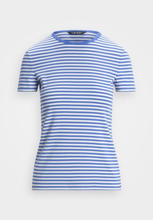Short-sleeve t-shirt in blue and white stripes, featuring a rounded neckline and smooth cotton fabric with even stitching throughout.