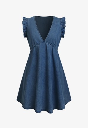 Vestido de mezclilla con escote en V, mangas cortas con volantes y cintura elástica. Forma acampanada, color azul oscuro sólido y textura suave.