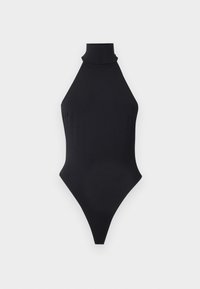 Czarny jednoczęściowy strój kąpielowy z wysokim dekoltem, charakteryzujący się eleganckim fasonem, gładką fakturą i wysokim wycięciem nogawki dla uzyskania smukłej sylwetki.