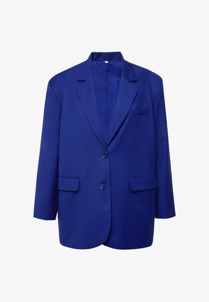 Blå skræddersyet blazer lavet af glat stof, med en enkelt knap, notch-lappel, to forreste lommer og en brystlomme.