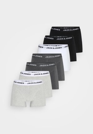 Sieben Paare von Boxershorts in Grau, Schwarz und Weiß, mit elastischen Taillenbündchen, auf denen "JACK & JONES" in Schwarz auf Weiß gedruckt ist.