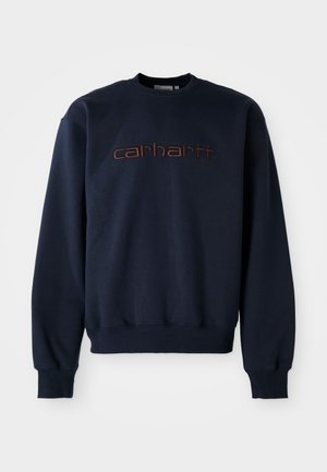 Felpa blu navy realizzata in materiale misto cotone, con colletto rotondo, maniche lunghe e un logo ricamato a contrasto sulla parte anteriore.