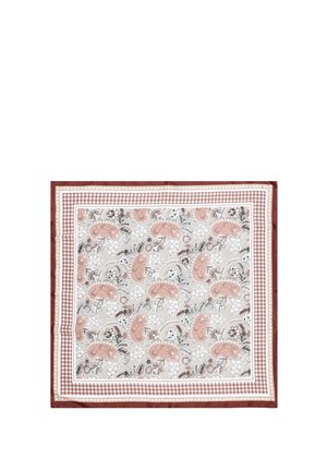 Vierkante sjaal met roze paisley- en bloemenmotieven, omrand door ruitjes- en zigzagpatronen in tinten bruin en wit.