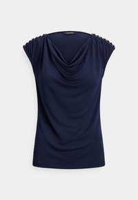 Granatowy top wykonany z gładkiego, lekko opadającego materiału, z dekoltem typu kopertowego i marszczonymi ramionami ozdobionymi guzikami w kolorze złotym. Bez rękawów.