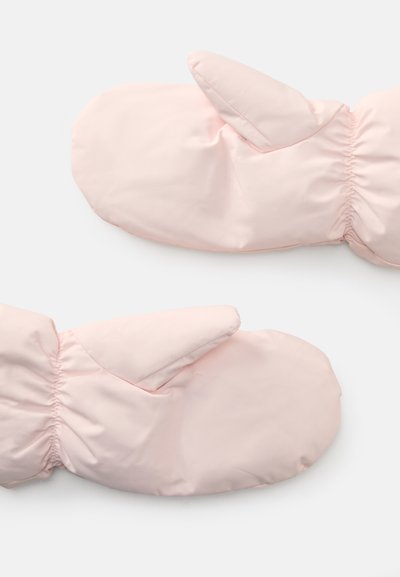 Luvinhas isoladas cor-de-rosa com uma camada suave, punhos elásticos e pontas arredondadas. Estrutura lisa com um leve brilho e detalhes brincalhões em forma de orelhas.