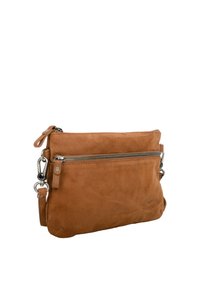 Brown leather bag with textured surface, features a front zipper pocket, and a detachable strap. Compact rectangular shape.