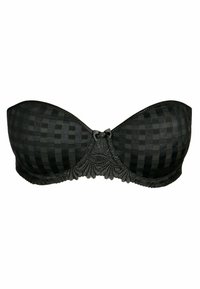 Reggiseno nero senza spalline con motivo a scacchi, bordato in pizzo e fiocco decorativo centrale. Tessuto liscio con coppe strutturate per il supporto.