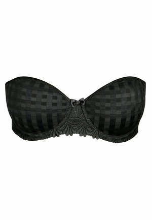 Zwarte strapless bh met een geruit patroon, afgewerkt met kant en een decoratieve strik in het midden. Glad stof met gestructureerde cups voor ondersteuning.