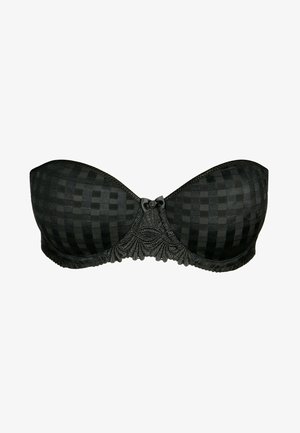 Soutien-gorge noir sans bretelles avec un motif à carreaux, orné de dentelle et d'un nœud décoratif au centre. Tissu lisse avec des bonnets structurés pour un bon maintien.