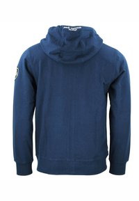 Felpa con cappuccio blu navy realizzata in misto cotone, con un patch del logo sulla spalla sinistra e polsini e orlo a coste per una maggiore texture.