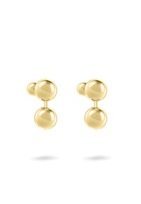 Goldfarbene Ohrstecker mit zwei kugelförmigen Elementen, die durch einen schlanken Stift verbunden sind, mit einer glatten, reflektierenden Oberfläche und minimalistischem Design.