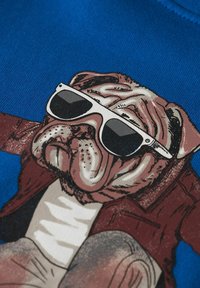 Illustration d'un bouledogue portant des lunettes de soleil blanches et une veste marron sur un fond en tissu bleu.