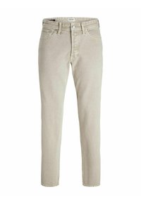 Jeans de mezclilla beige claro con corte slim, que cuentan con una bragueta de botones, cinco bolsillos y una textura sutil en toda la tela.