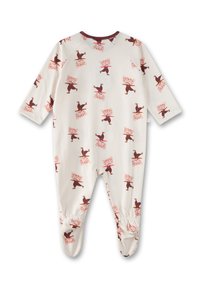 Weißer Baby-Overall mit einem verspielten Muster aus Bären und Tortenstücken. Lange Ärmel, runder Halsausschnitt und schmal geschnittene Fußteile.
