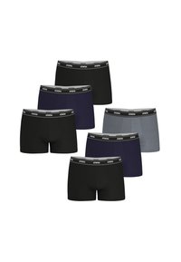 Ensemble de six caleçons boxers en noir, bleu marine et gris. Présente une ceinture élastique douce avec "ATHENA" imprimé en blanc. Tissu lisse et extensible.