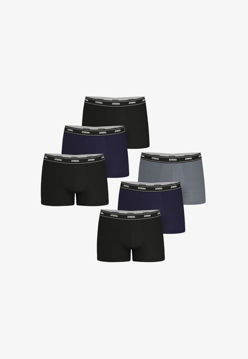 Ensemble de six caleçons boxers en noir, bleu marine et gris. Présente une ceinture élastique douce avec "ATHENA" imprimé en blanc. Tissu lisse et extensible.