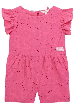 Combinaison courte rose à manches courtes avec motif floral en broderie anglaise, manches à volants et petite étiquette logo "Guess" à l'avant.