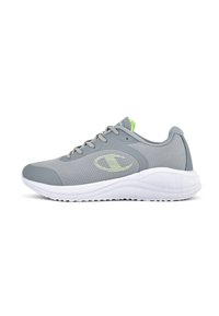 Gray athletic sneaker with mesh fabric, a rounded toe, white rubber sole, and neon green accents on the heel and tongue.