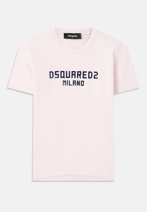 Pink cotton t-shirt featuring "DSQUARED2 MILANO" printed in navy blue. Classic crew neck design with short sleeves. Smooth texture.