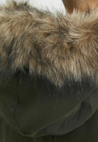 Šviesiai rudas dirbtinio kailio apykaklė su tamsiais akcentais, pritvirtinta prie alyvuogių žalios spalvos audinio. Pasižymi švelnia tekstūra ir pilna, pūkuota išvaizda.