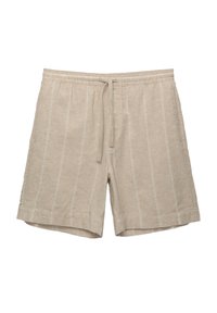 Beige linnen shorts met verticale witte strepen, elastische tailleband en trekkoord. Het materiaal heeft een gestructureerde, natuurlijke afwerking.