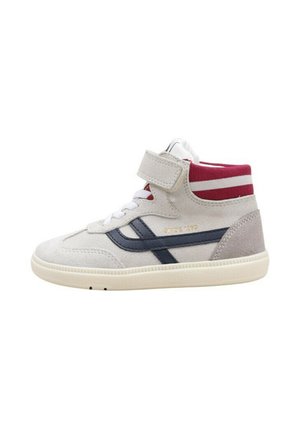 Baskets montantes avec une tige en daim gris, des accents marins et un col côtelé bordeaux. Dotées de lacets et d'une sangle Velcro pour la fermeture.