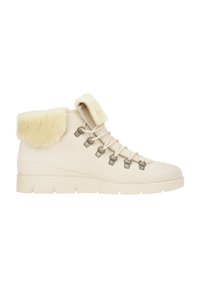 Light beige ankle boots with faux fur collar, metal eyelets, and laces; textured fabric, cushioned sole, and flat rubber outsole.