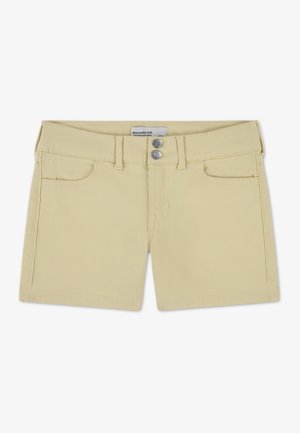 Pantaloni scurți din denim galben, cu talie plată, două buzunare frontale și închidere cu doi nasturi. Textură netedă și croială clasică. Etichetă de mărime vizibilă.