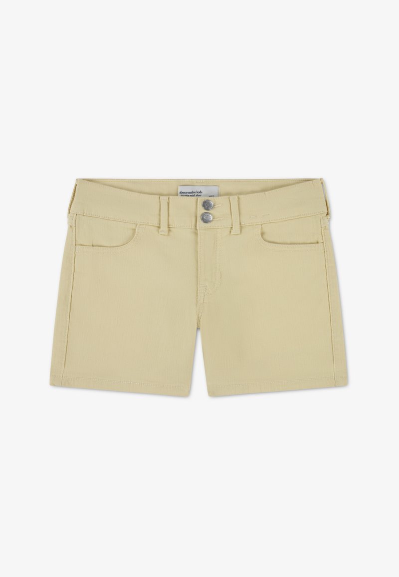 Κίτρινες τζιν βερμούδες με επίπεδη μπροστινή όψη, δύο μπροστινές τσέπες και κλείσιμο με δύο κουμπιά. Λείο ύφασμα και κλασική γραμμή. Ορατή ετικέτα μεγέθους.