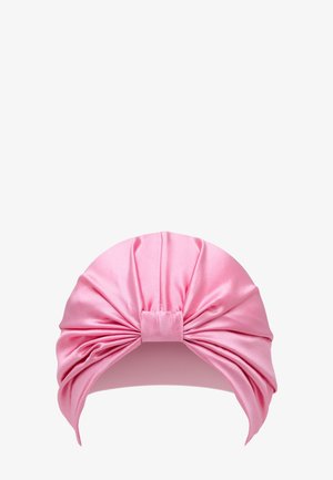Pink satin headband with a twisted design, featuring a knot detail at the front and smooth texture throughout.