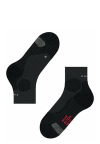 Calzini neri con un design a costine, tallone e punta rinforzati, e accenti grigi. Dettagli sulla taglia e sul marchio stampati in rosso sul fondo.