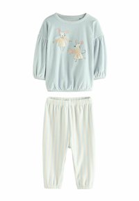 Light blue ribbed sweater with puff sleeves, featuring embroidered mice. Soft, elastic waist striped pants in pale blue and white.