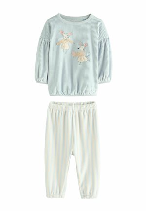 Light blue ribbed sweater with puff sleeves, featuring embroidered mice. Soft, elastic waist striped pants in pale blue and white.