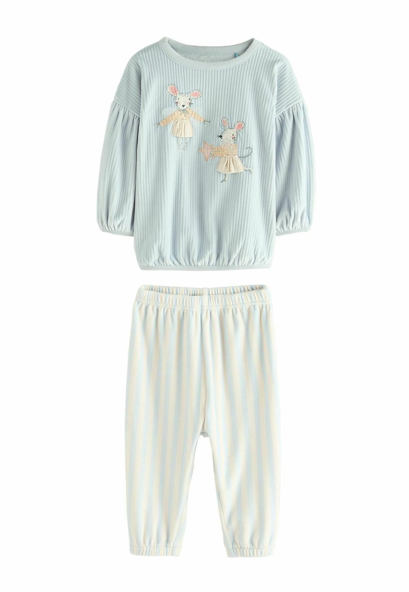 Light blue ribbed sweater with puff sleeves, featuring embroidered mice. Soft, elastic waist striped pants in pale blue and white.