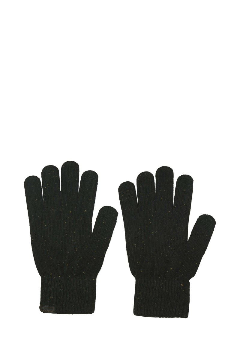 Zwarte gebreide handschoenen met ribbelmanchetten, een ontwerp met vijf vingers en een subtiele gemêleerde textuur door de stof.