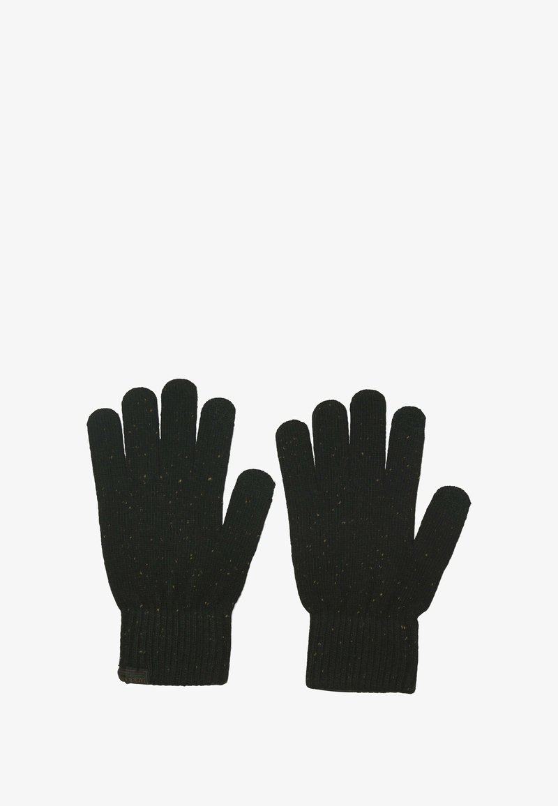 Zwarte gebreide handschoenen met ribbelmanchetten, een ontwerp met vijf vingers en een subtiele gemêleerde textuur door de stof.