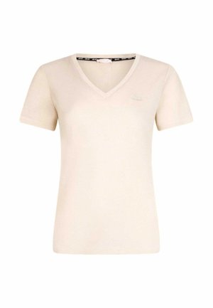 Maglione beige a maniche corte con scollo a V e dettaglio logo sottile sulla parte superiore sinistra del petto, mostrato su sfondo bianco.