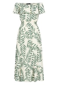 Robe midi épaules dénudées avec imprimé de feuilles vertes sur fond crème, taille élastique et encolure ainsi qu'ourlet à volants.