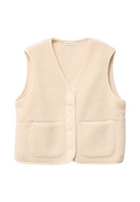Gilet en polaire beige avec un col en V, sans manches, deux poches avant et fermeture par boutons. Texture douce avec une apparence confortable.