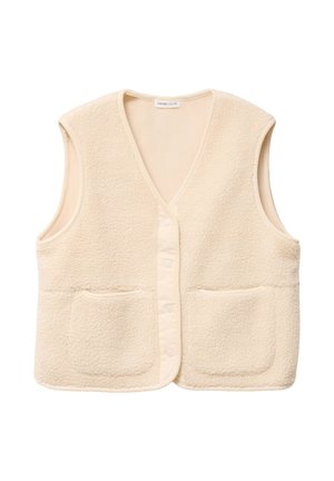 Beige fleece vest med v-udskæring, ærmeløs design, to frontlommer og knaplukning. Blød tekstur med et hyggeligt udseende.