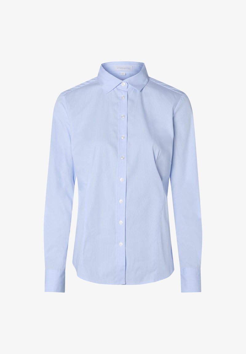 Jasnoniebieska, długosleeve koszula zapinana na guziki z kołnierzykiem. Posiada subtelną, prążkowaną fakturę i białe guziki z przodu.