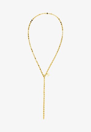 Goldene Kette mit einem länglichen Design und einem runden Anhänger, der kleine, verbundene Glieder und eine glatte Oberfläche zeigt.