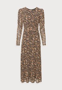 Langærmet kjole i sort stof med et blomstermotiv i pink, gul og hvid. Har en tætsiddende talje og en flagrende nederdel.