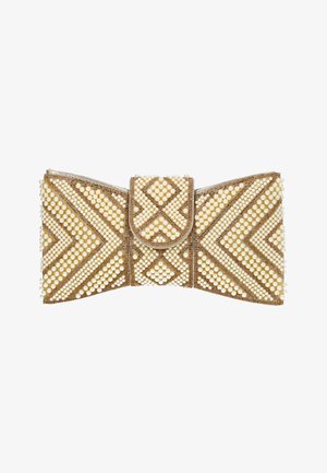 Clutch-Tasche in Form einer Schleife, verziert mit goldenen Perlen und cremefarbenen Perlen in geometrischen Mustern auf weißem Hintergrund.